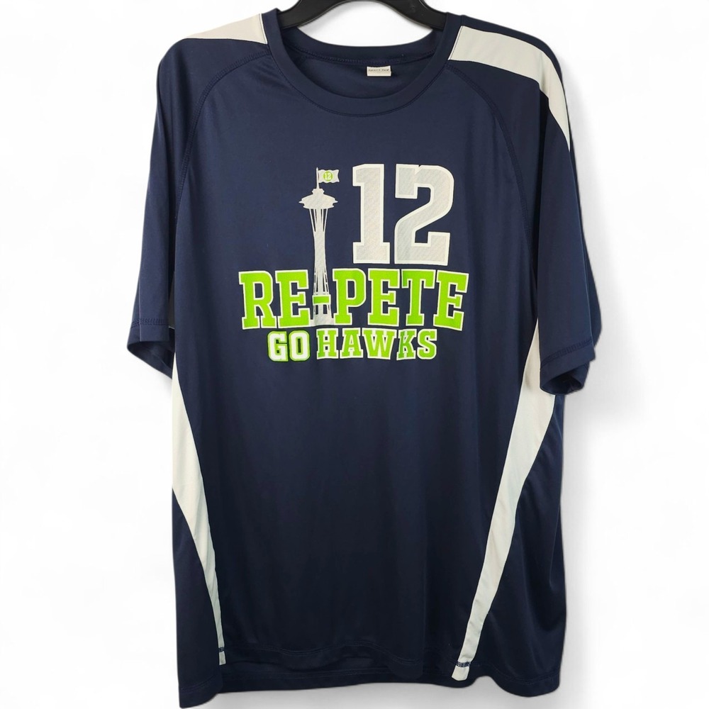Sport-Tek Seattle Seahawks 12 RE-PETE Go Hawks Men's XL Navy Blue Athletic Tee